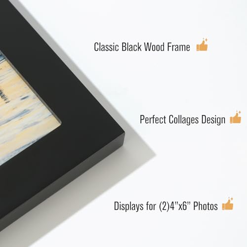 6x4 2-Opening Collage Picture Frame Black Wood | Two 4x6 openings, shatter-resistant glass, tabletop & wall mount - size: 6x4 - 2 Opening