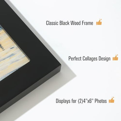 6x4 2-Opening Collage Picture Frame Black Wood | Two 4x6 openings, shatter-resistant glass, tabletop & wall mount - size: 6x4 - 2 Opening