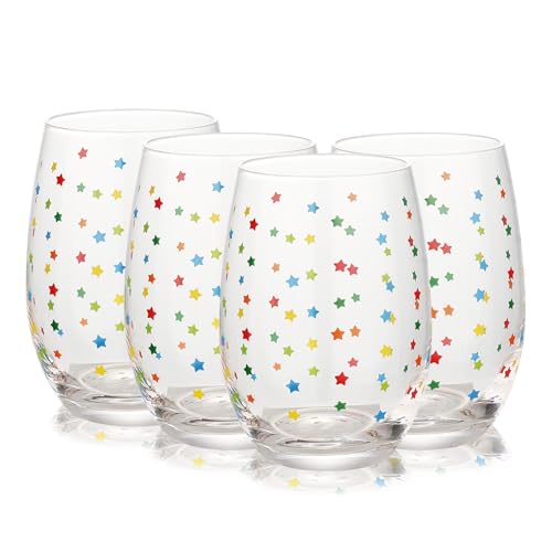 Hand Blown Etched Stemless Wine Glasses 19oz, Set of 4, Everyday Drinking Glasses, Large capacity, Unique Gifts for Him Her for Birthday, Wedding, Anniversary (Clear With Multicolor Rainbow Stars) - color: Clear With Multicolor Rainbow Stars