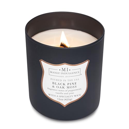 Manly Indulgence Black Pine Oakmoss Scented Candles for Men, 15 oz Wooden Wick, Premium Soy Blend Wax, 60H Burn, Candles for Home Scented - Made in The USA - color: Black Pine & Oak Moss