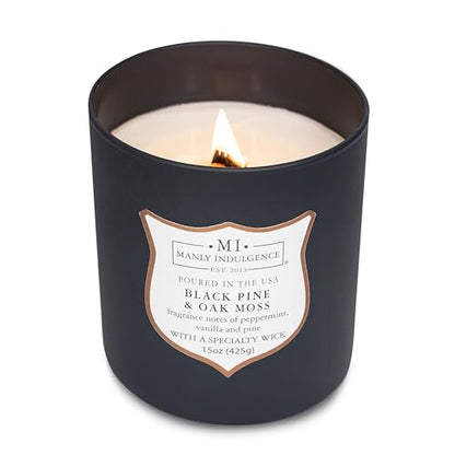 Manly Indulgence Black Pine Oakmoss Scented Candles for Men, 15 oz Wooden Wick, Premium Soy Blend Wax, 60H Burn, Candles for Home Scented - Made in The USA - color: Black Pine & Oak Moss