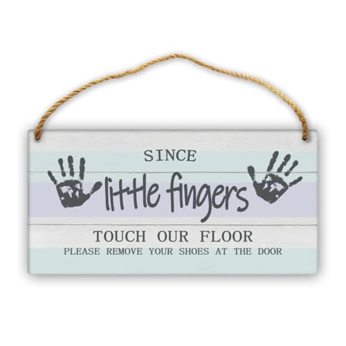 Please Remove Shoes Sign - 12in Wooden Door Hanger for Front Door - color: Blue Wood-Since Little Fingers