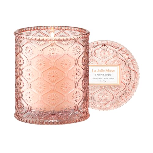 LA JOLIE MUSE Cherry Sakura Scented Candles for Home, Natural Soy, 40 Hrs | Luxury Pink Jar Candle, Clean Non Toxic, Gifts for Women, Decorative Japanese Floral Candles for Candle Wamer, Pretty Candle - color: Cherry Sakura