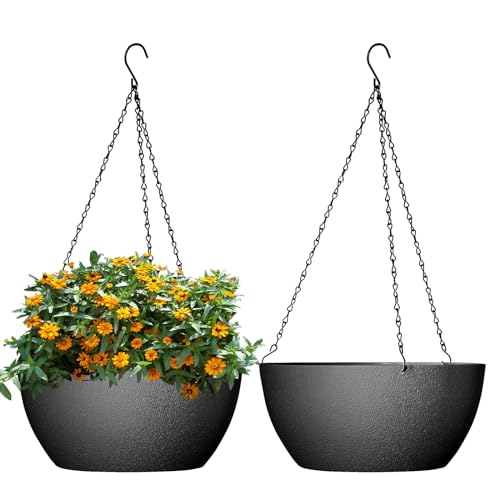 WSMKSZ 10 inch Hanging Planters for Outdoor Indoor Plants with Drainage Holes and Chain, 2 Pack Round Hanging Flower Pots for Garden Home Porch Decor, Black - color: Black, size: 10inch 2pcs