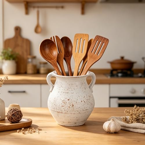 Rustic Ceramic Utensil Holder - 6.69 Inch Farmhouse Utensil Crock with Handles, Distressed Speckled Crock, Large Spatula Organizer for Cooking Tools, Kitchen Decor & Gift