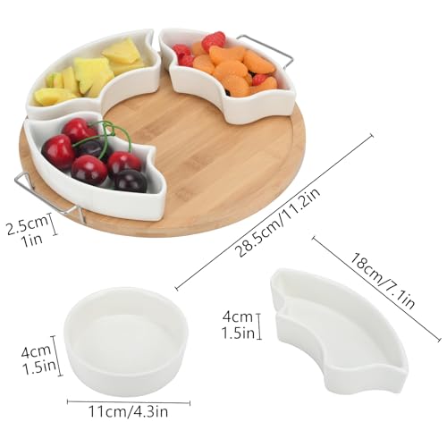 Ceramic Divided Serving Dishes with Bamboo Tray, 11.2 Inch | 360 Rotatable, Appetizer Serving Dish, For Chips & Dip