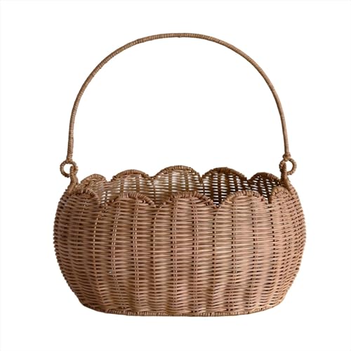 Scalloped Round Basket with Handle, Super Sturdy Wicker Storage Baskets, Hand Woven Basket for Shelves,Natural Baskets for Organizing (Rattan(12.6 * 9 * 6.1)) - color: Rattan(12.6 * 9 * 6.1)