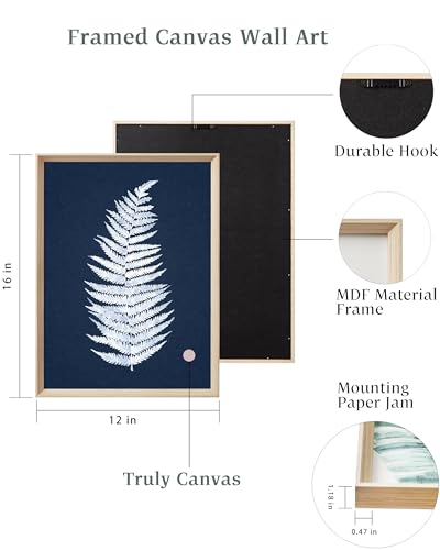 UPWOIGH Navy Blue Fern Framed Wall Art, 12 x 16 Inch, Set of 3 | White Fern Leaf Prints, Navy Blue Background, Minimalist Botanical Design, Light Wood Frames for Bedroom, Office and Hallway - color: Blue Plant MDF