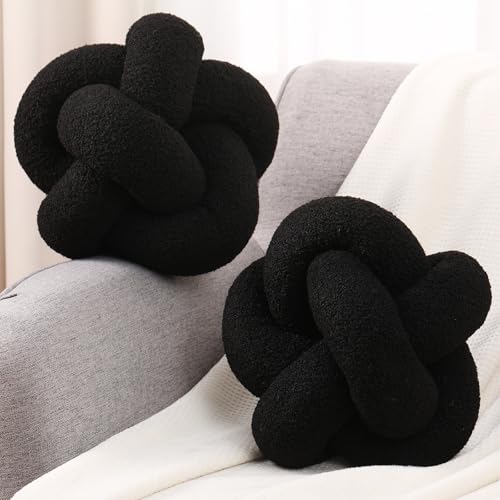 Beeveer 2 Pcs Knot Pillow Ball 12 Inch Soft Decorative Teddy Boucle Knot Throw Pillows for Home Bed Couch Living Room Decor(Black) - color: Black