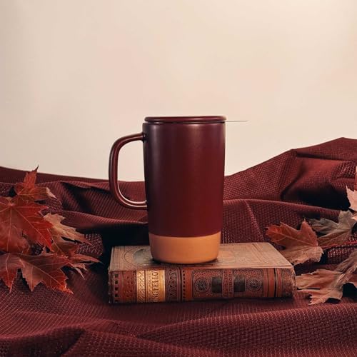 Mora Ceramics Large Tea Mug with Loose Leaf Infuser and Ceramic Lid, 18 oz, Portable, Microwave and Dishwasher Safe, Tall Coffee Cup - Rustic Matte Ceramic Glaze, Modern Herbal Tea Strainer, Merlot - color: Merlot