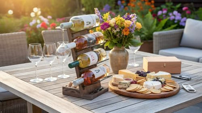 Rueda Tabletop Wine Rack for 4 Bottles with 2 Stemware Glass Holder and Cork Storage Countertop Tray Freestanding Bar Organizer, Walnut