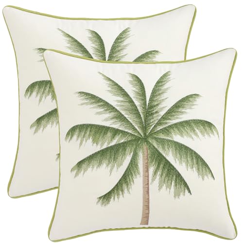 18x18 Palm Tree Embroidered Throw Pillow Covers Pack of 2 Green | Ocean-Themed,Durable Fabric,Square Pillow Cover,Boho Decorative,Hidden Zipper,Aesthetic Design,Ideal Gift,Machine Washable - color: Green Tropical Palm Tree