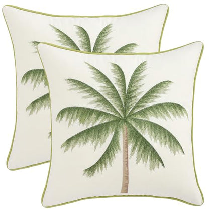 18x18 Palm Tree Embroidered Throw Pillow Covers Pack of 2 Green | Ocean-Themed,Durable Fabric,Square Pillow Cover,Boho Decorative,Hidden Zipper,Aesthetic Design,Ideal Gift,Machine Washable - color: Green Tropical Palm Tree