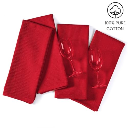Waffle Kitchen Towels 100% Cotton Set of 4-320 GSM Quality - Soft Absorbent Durable Washable Dish Cleaning Towel for Kitchen & Home - Quick Drying Dish Towel 16x26 inch Red - color: Red