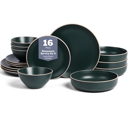 Stone Lain Lauren Modern Stoneware 16-piece Round Dinnerware Set, Plates and Bowls Set, Dish set for 4, Dark Green - color: Dark Green, size: 16-Piece Service for 4