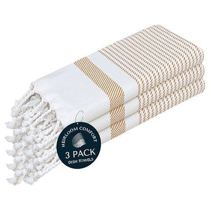 Beige Turkish Kitchen Towels 16x26 Inch, 3 Pack, 100% Cotton, Ultra Absorbent, Soft, Fast Dry, Machine Washable, Dish Towel with Tassels for Drying Dishes, Cleaning, Everyday Use - color: Beige, style: 3 Pack