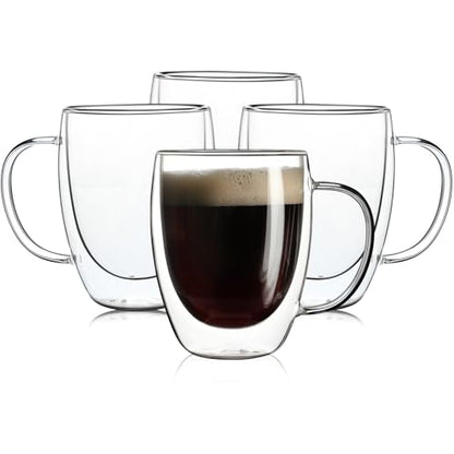 Aurzen 4 Pack Double Walled Glass Coffee Mugs with Handles, Large Insulated Layer Coffee Cups, Clear Borosilicate Mugs, Perfect for Cappuccino, Tea, Microwave Safe - color: 12oz4Pack