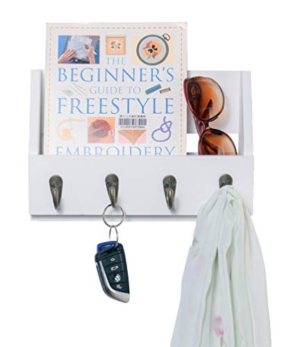 Wall Mounted Key and Mail Holder with 4 Hooks. Made of Solid Wood. Use as Key Rack, Entryway or Mudroom Organizer, Mail Sorter, Magazine Holder, Bill Sorter, Rustic Home Décor (White) - color: White