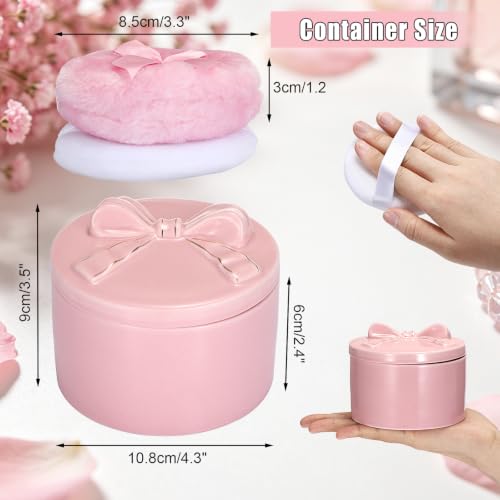 ELLDOO Body Powder Puff and Container, Wedding Bridal Shower Gifts (Pink) | Ceramic Loose Dusting Powder Storage Box with 2pcs Powder Puffs for Baby Women, Jewelry Trinket Box with Bow Lid - color: Pink