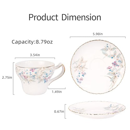 KAMMAK Tea Cups and Saucers Set of 2, 7.4 oz Porcelain Coffee Cups, 573N | Stackable Espresso Mugs, Ceramic Demitasse for Coffee, Cappuccino, Latte, Americano, Tea - size: 7KPSP573N+574N