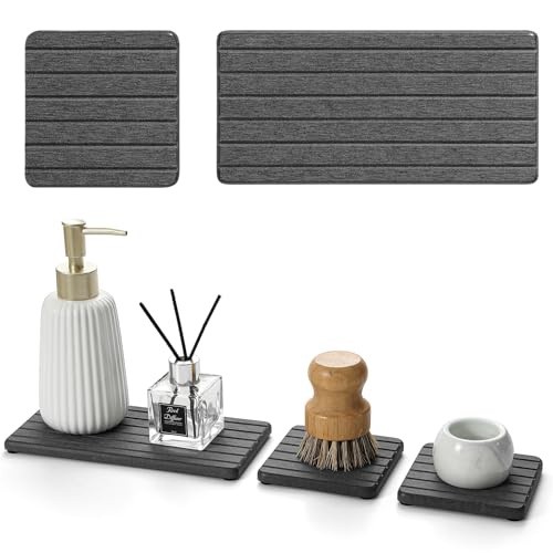 3 Pack Diatomite Stone Sink Tray, Water Absorbing Mat for Kitchen & Bathroom Counter, Quick Dry Soap Dish Makeup Vanity Caddy,Sponge Holder Organizer, Dark Gray 1pc of 8"x 3.8" and 2pcs of 3.8"x 3.8" - color: 3 Pack - Dark Gray - 1pc of 8"x 3.8" and 2pcs