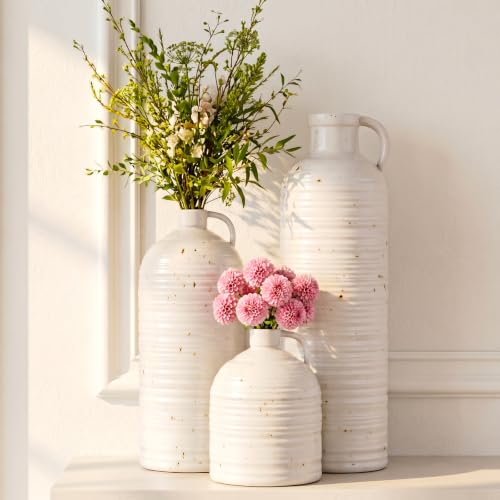 Firehold Ceramic Vase Set of 3 w/Handles, Rustic Farmhouse White Decor Vase | Textured Country Home Decor Vases for Shelf, Mantel, Table Centerpiece, Perfect for Pampas Grass & Dried Flowers - color: 01-white