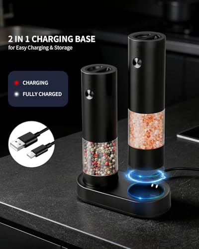CIRCLE JOY Electric Salt and Pepper Grinder Set with Charging Base, Rechargeable Automatic Pepper Mill, Adjustable Coarseness, LED Light, 140ml Large Capacity - color: Classic Black