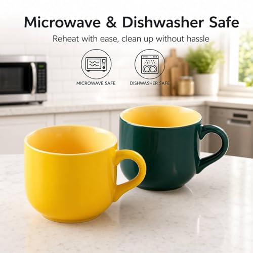20 oz Ceramic Mug Set of 2, Yellow and Dark Green Oversized Coffee Cups for Tea, Soup, Cereal and Oatmeal, Wide Mouth Large Handle, Microwave Dishwasher Safe - color: 20 oz-Yellow&Dark green