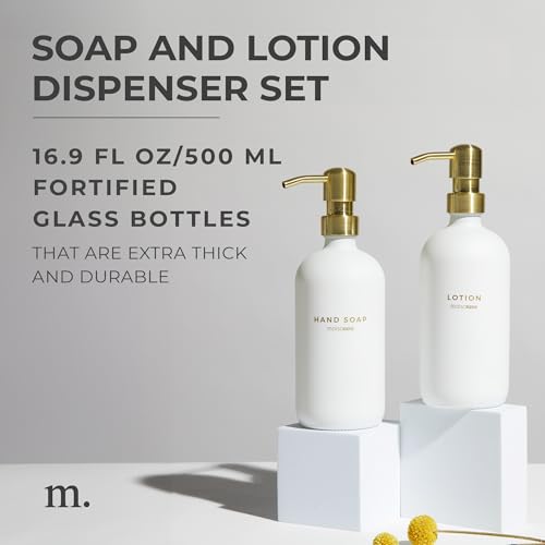 MaisoNovo Soap Dispenser 2-Piece Set | 16.9oz Clear Bottles with Gold Stainless Steel Pump Core - color: White/Gold