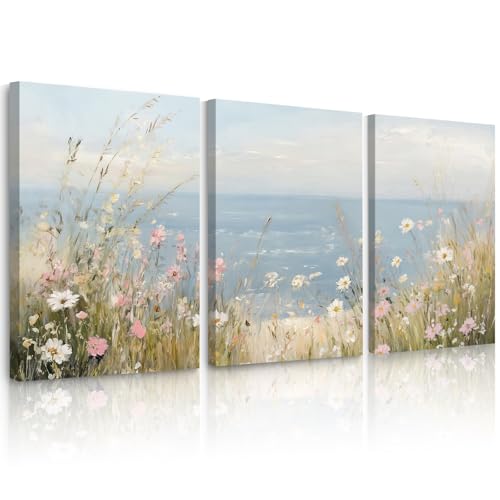 Coastal Wildflower Wall Art Beach Floral Canvas Wall Decor Vintage Coastal Landscape Pictures Ocean Flower Poster Summer Prints Seascape Painting for Living Room Bedroom 12x16x3 Inch Ready to Hang - color: Ocean Floral Art, size: 12''x16'' Wrapped Canvas