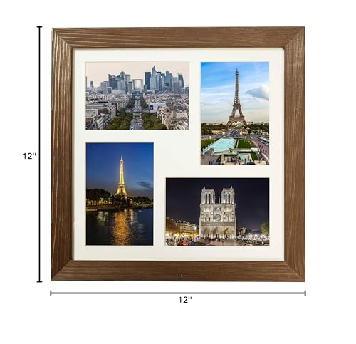 Rustic Solid Wood Square Collage Photo Frame 12x12 inch – Display Four (4) 4x6 inch Pictures with Mat Wall Tabletop - Brown - color: Brown Wenge