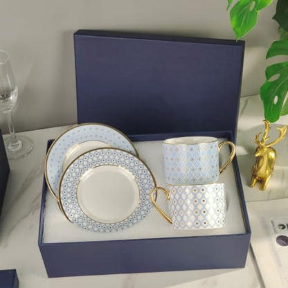Coffee Cup and Saucer Set – Elegant Royal Blue Star Bone China Gold-Trimmed Tea Cup, Luxurious Metallic Accent Ceramic Cup (Sky blue,2 Cups + 2 Saucers,Art Deco) - color: Sky Blue