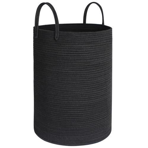Large Woven Laundry Basket, 80L Tall Blanket Storage for Living Room, Cute Nursery Kids Baby Laundry Hamper, Cloth Hamper for Bedroom Aesthetic, Cotton Rope Floor Toy Storage Bin, Black - color: Black, size: 16.5"D x 22.5"H