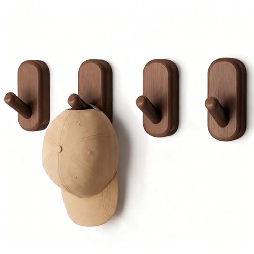 Wooden Wall Hooks for Hanging - 4 Pack Heavy Duty Coat Hooks Wall Mount- Solid Walnut Wood Hat, Bag, Backpack & Towel Hooks - Modern Key Holder for Bathroom & Entryway (Dark Walnut) - color: Dark Walnut