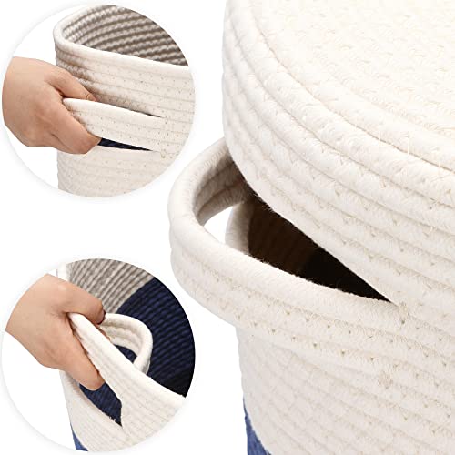 Sea Team Large Woven Cotton Rope Laundry Basket with Lid, 20 x 16 in | Collapsible Knitted Hamper with Handles, Lidded Closet Shelf Organizers for Clothing, Blankets, Toys, Bedding, Navy - color: White & Navy Blue