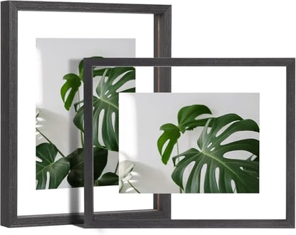 Egofine 8x10 Floating Frames Set of 2, Double Plexiglass Picture Frame, Made of Solid Wood Display Any Size Photo up to 8x10, Wall Mount or Tabletop Standing, Faded Black - color: Faded Black, size: 8x10