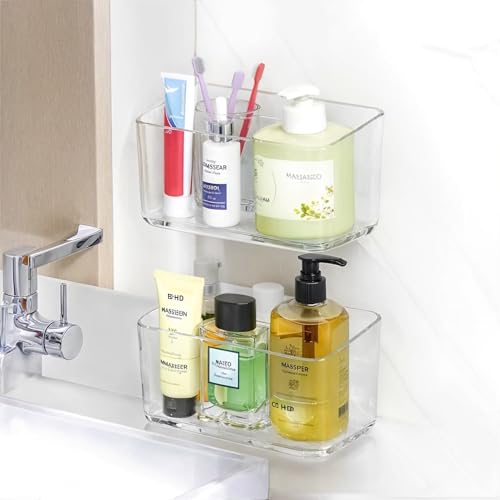 PAVSTINE 2 Pack Clear Shower Shelf, Adhesive Bathroom Shower Shelves | Wall Mounted Bathroom Shower Organizer, No Drill Shower Shelves with Self Adhesive Tape, Transparent - size: Medium-2 Pack