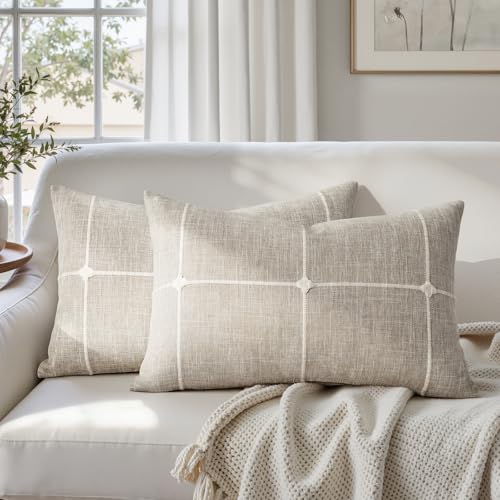 HOMEIDEAS Decorative Plaid Throw Pillow Covers 20x12 Set of 2 | Tan Farmhouse Cushion Embroidered Pattern,Soft Linen Feel Textured Neutral,Couch Sofa Bed Living Room,Farmhouse Fall Decor - color: Tan Plaid, size: 20" x 12" (Pack of 2)