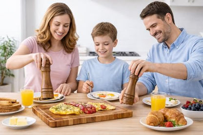 Teak Wood Cutting Board with Salt & Pepper Mill Set For Kitchen - High-End Non Slip Solid Thick Wood Haus Chopping Board with Juice Groove Large Size Best Kitchen Essential House Warming Gift Set