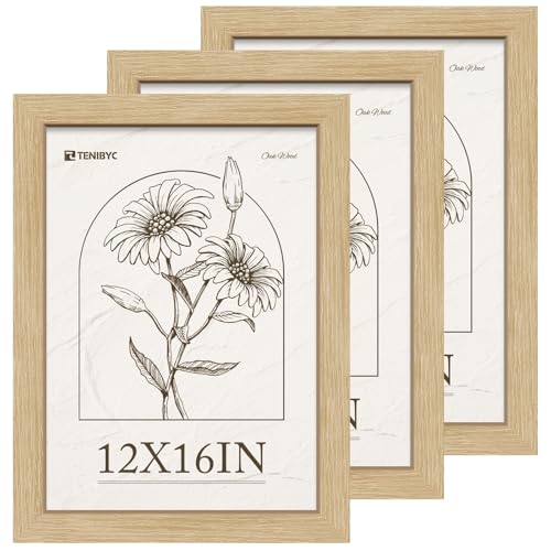 12x16 Oak Picture Frame 3 Pack, Natural Wood Grain, HD Tempered Glass, Wall Hanging - color: Oak, size: 12 X 16, style: 3 Pack