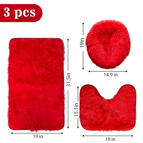 Red Bathroom Rugs Sets 3Piece Bath Mat Solid Bath Rug Floor Mats Washable Shower Rug with U-Shaped Contour Rug Toilet Lid Cover - color: Red, size: Set of 3