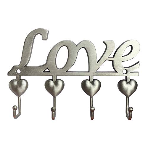Myartte Key Holder- Key Hooks Decorative for Wall Decorative Zinc Alloy Key Organizer Rack with 4 Hooks -with Screws and Sticker (Antique Sliver Love) - color: Antique Sliver Love