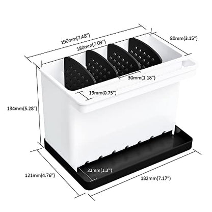 JOMOLA Kitchen Sink Organizer Dish Brush Sponge Holder Caddy Toothbrush Holders for Bathrooms Sinkware Kitchen Utensil Holder Sink Caddy Organizer with 4 Separate Dividers Removable Drain Tray (Black) - color: Black