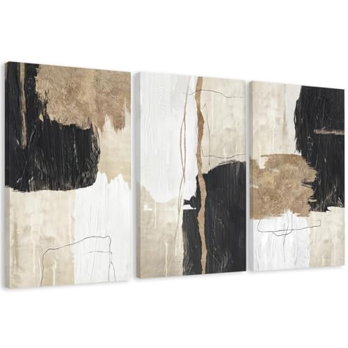 AVECCO Triptych Abstract Black Beige Gold Wrapped Canvas Wall Art 24x36 in | Gallery Wrapped Canvas, UV Fade-resistant Ink, Modern Minimalist, Ready to Hang, Living Room Office Decor, Housewarming Gift - color: Geometric, size: 36"L x 24"W