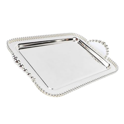 Asixxsix Metal Serving Tray, 16.5 x 11.0 inch Rectangular Stainless Steel Food Serving Tray European Retro Style Mirror Coffee Table Dessert Platter for Buffet Wedding Party (Silver) - color: Silver