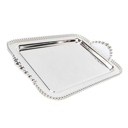 Asixxsix Metal Serving Tray, 16.5 x 11.0 inch Rectangular Stainless Steel Food Serving Tray European Retro Style Mirror Coffee Table Dessert Platter for Buffet Wedding Party (Silver) - color: Silver