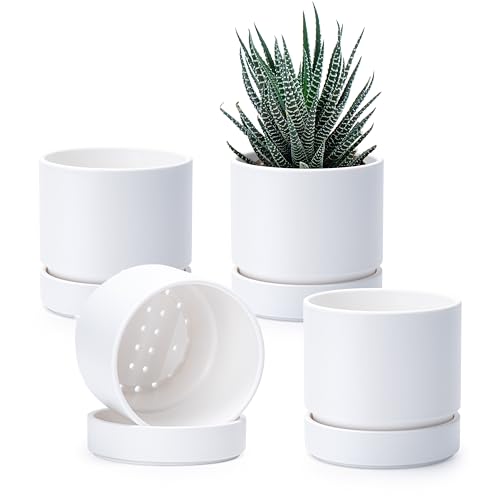 Phoenix Vine 4 Inch Planter Pot with Drainage Hole & Saucer, Deep Water Catch Tray, Straight Cylindrical Round Pot for Plants, Matte White, Pack of 4, 23-B-R-4 - color: Matte White, size: 4" (4 Pack)