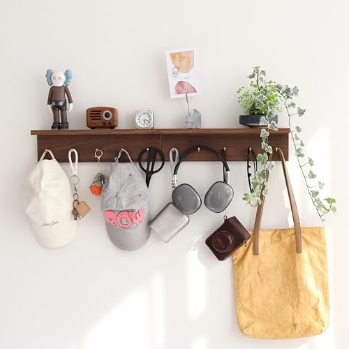 Marine Plywood Wall Mounted Coat Rack with Shelf & Key Hooks, 5 Brass Hooks Entryway Organizer, Modern Floating Shelf for Bedroom Hallway, Space-Saving Home Storage Rack (1, Walnut Finish) - color: Walnut Finish