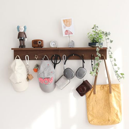 Marine Plywood Wall Mounted Coat Rack with Shelf & Key Hooks, 5 Brass Hooks Entryway Organizer, Modern Floating Shelf for Bedroom Hallway, Space-Saving Home Storage Rack (1, Walnut Finish) - color: Walnut Finish