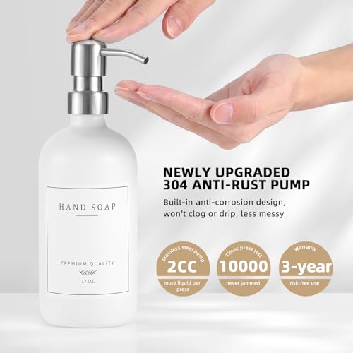 Glass Soap Dispenser - Dish Soap Dispenser for Kitchen and Hand Soap Dispenser Set, Bathroom Soap Dispenser with 304 Rust Proof Pump, Soap Dispenser for Kitchen with Tray, White Bottle/Silver Pump - color: White Bottle/Brushed Silver Pump + Tray + Funnel